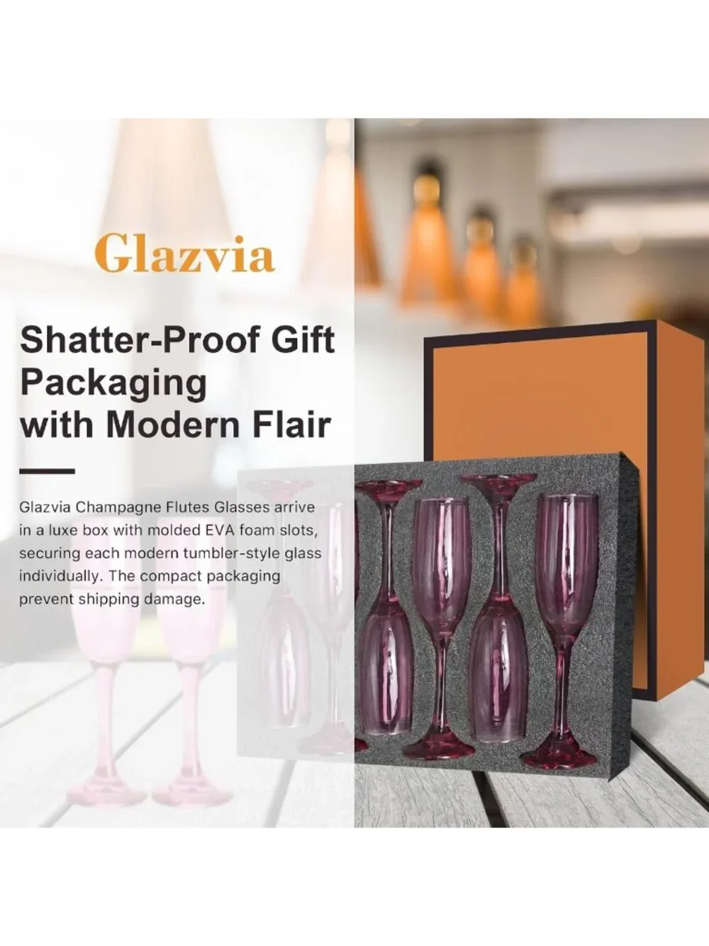 Elegant Pink Champagne Flutes Set of 6 - 6oz Long Stem Glasses for Weddings